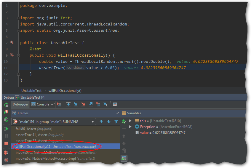 Inspecting stacktrace of a failing test in the debugger